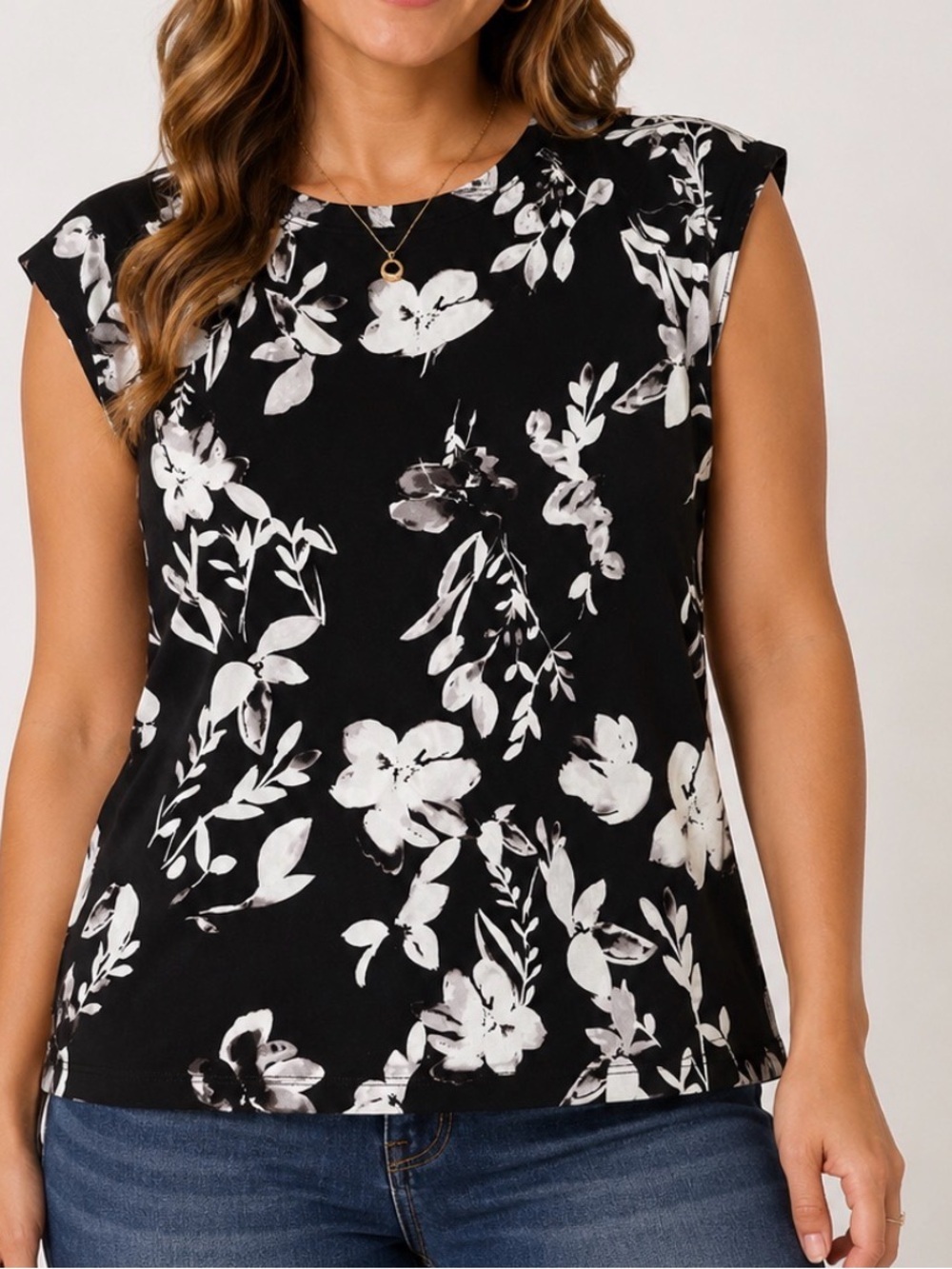 White House black Market White Floral Black Sleeveless Top slinky spandex SZ XL